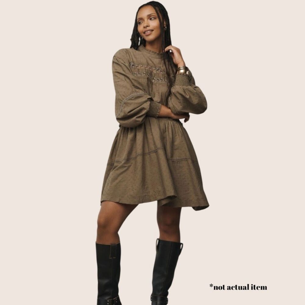 🫒 ANTHRO PILCRO LONG SLEEVE MOCK NECK SWING MINI DRESS OLIVE ARMY GREEN MEDIUM